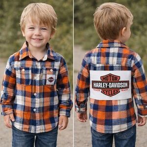 Custom Upcycled Harley Davidson Blue Orange Flannel Graphic Shirt Size 4T OOAK